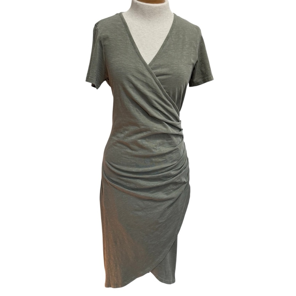Sundryā Ruched Side V-Neck Midi Dress Women Large Stretch Knit
